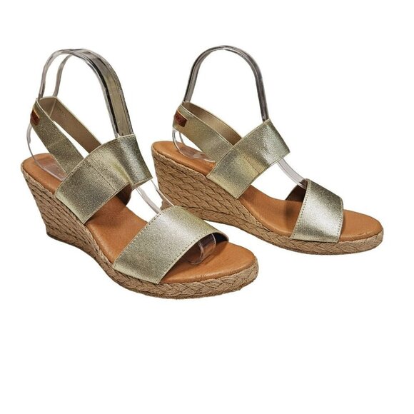 Andre Assous Allison Wedge Sandals Espadrille Gold Metallic Leather Womens 9-9.5 - Picture 4 of 13